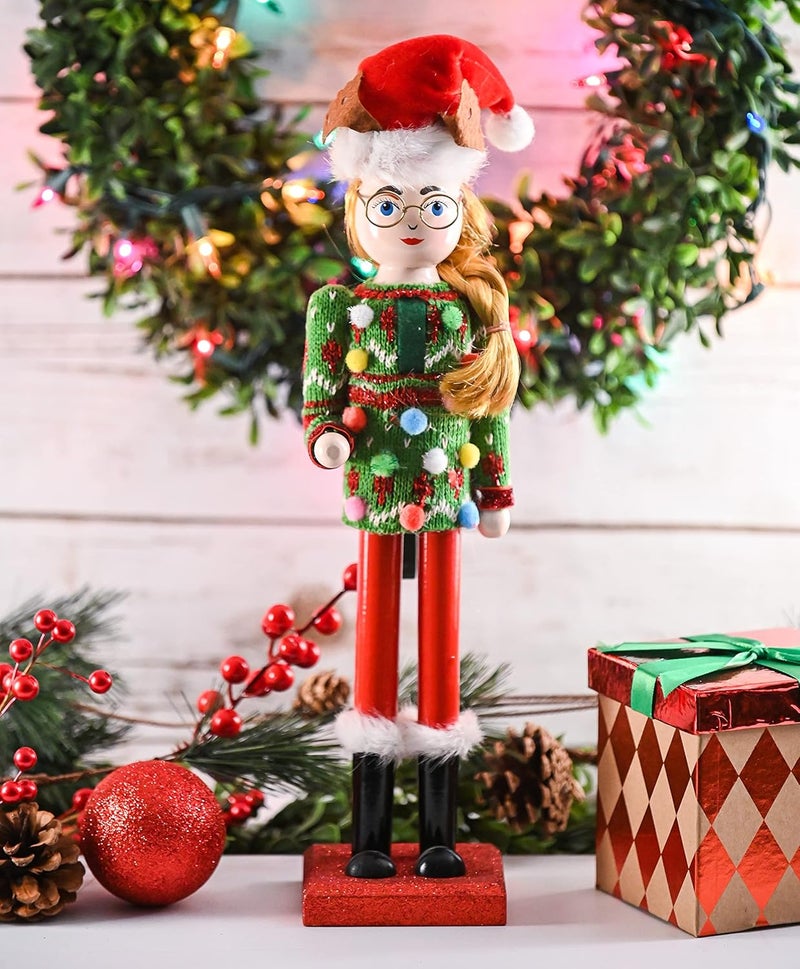 Ornativity Christmas Ugly Sweater Nutcracker – Red and Green Wooden Nutcracker Woman with an Ugly Sweater and Reindeer Hat Xmas Themed Holiday Nut Cracker Doll Figure Decorations 15" - Image 1
